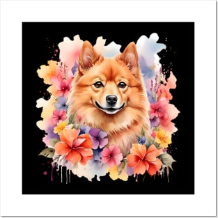 A finish spitz decorated with beautiful watercolor flowers Posters and Art